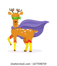 Superhero animal kids with a superhero cape and masks. Brown deer character in super hero costume vector illustration isolated.