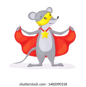Superhero animal kids with a superhero cape and masks. Mouse character in super hero costume vector illustration isolated.