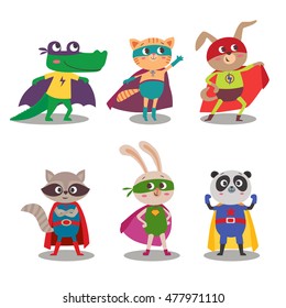 Superhero animal kids. Cartoon vector illustration. Little cat, dog, panda, raccoon, rabbit and crocodile in superheroes costume