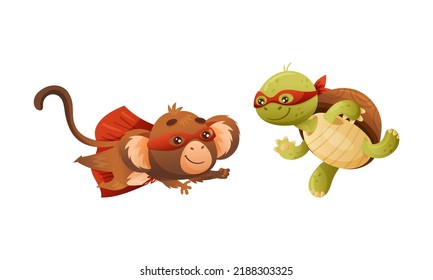 Superhero animal kids set. Funny monkey and turtle in red capes and masks cartoon vector illustration