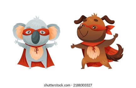 Niños animales superhéroes. Famoso koala y perro con gorras rojas y máscaras ilustraciones vectoriales