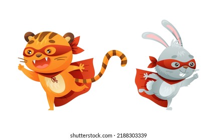 Superhero animal kids set. Funny tiger, rabbit in red capes and masks cartoon vector illustration