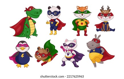Superhero animals. Comic heroic characters. Cat boy in colorful costume. Super baby mouse and bear. Flying and playing fox girl. Crocodile in cape. Kids heroes set. Vector cartoon design