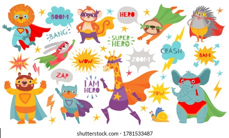 Superhero animals. Cute hero animals with capes and playful masks, brave funny animal comic speech bubbles, cartoon vector characters. Lion and monkey, bunny and bear, cat and giraffe, elephant