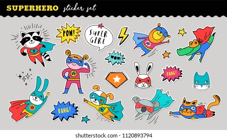 Superhero animals cute sticker collection. Vector hand drawn illustrations