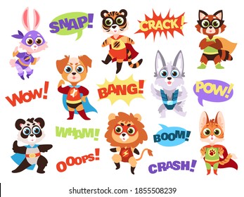 Superhero animals. Funny kids zoo heroes with capes and masks, comic whoops speech bubbles, lion and wolf, dog and tiger, panda and raccoon. Vector cute characters in comics costume flat isolated set