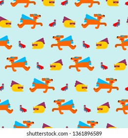 Superhero animals pattern seamless. Super cat and dog and dove in Cloak and mask. Superpowers pet and pigeon. Cartoon style background vector