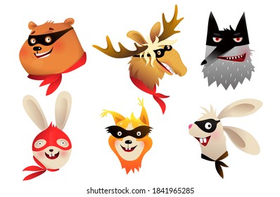 Superhero animals separate heads portraits wearing mask for kids costume party design. Vector brave characters illustration for children in watercolor style.