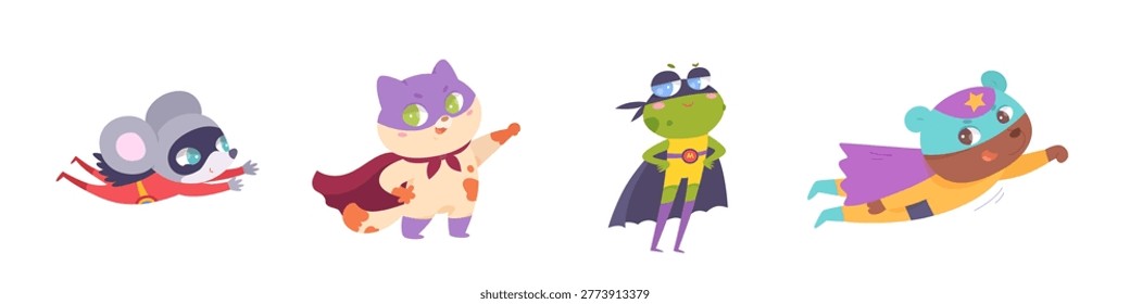 Superhero animals set. Cute funny zoo collection of bear, frog, mouse, cat. Strong characters with hero costume and masks. Cartoon vector illustration.