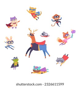 Superhero animals set vector illustration. Cartoon isolated cute funny zoo collection of monkey bunny bear tiger frog mouse fox raccoon deer, strong superman characters with hero costume and cape