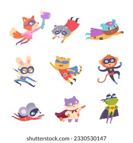 Superhero animals set vector illustration. Cartoon isolated cute funny zoo collection of monkey bunny bear tiger frog mouse fox raccoon deer, strong superman characters with hero costume and cape