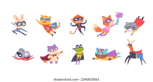 Superhero animals set vector illustration. Cartoon isolated cute funny zoo collection of monkey bunny bear tiger frog mouse fox raccoon deer, strong superman characters with hero costume and cape