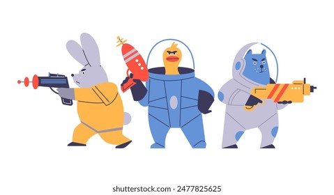 Superhero animals in spacesuits armed with blasters. Detailed vector drawings of a warrior cat, duck, rabbit, highlighted on a white background, ideal for game designs