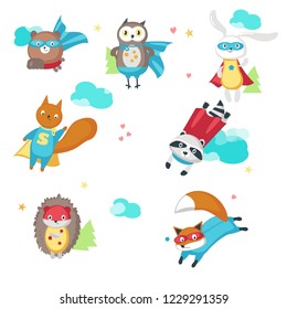 Superhero animals. Vector illustration isolated on white background. Cute little raccoon, rabbit, bear, owl, fox, squirrel and hedgehog in super hero costumes.