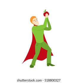 Superhero with apple icon in cartoon colored style. concept of healthy eating