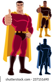 Superhero Approving: Superhero giving thumbs up. On the right are 2 additional versions, including silhouette. No transparency and gradients used.