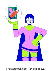 Superhero asian woman showing artists supplies 2D linear cartoon character. Korean female recommending drawing isolated line vector person white background. Lifestyle color flat spot illustration