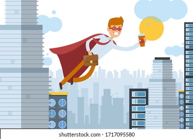 Superhero assistant flies to work with takeaway coffee, business worker vector illustration. Man in cloak move through air, power in worker speed. Cartoon office in big city skyscraper.