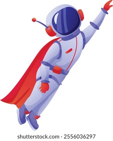 Superhero astronaut soaring through the cosmos in a vibrant red cape and sleek spacesuit, confidently pointing while navigating the vastness of space