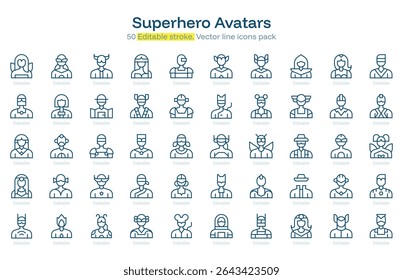 Superhero Avatars line icon pack. Superhero Avatars Stroke icon set. Editable Stroke icon