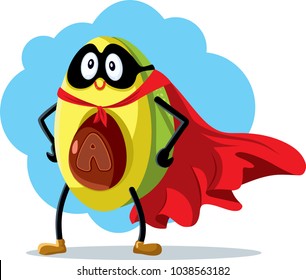 Superhero Avocado Super Food Vector Cartoon. Funny avocado character wearing cape and mask as nutritious super powerful element
