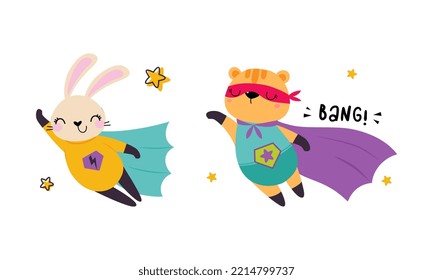 Superhero Baby Animals In Capes And Masks Set. Cute Little Rabbit And Tiger Dressed As Superheroes Cartoon Vector Illustration