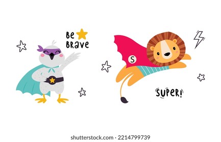 Superhero baby animals in capes and masks set. Cute little bird and lion dressed as superheroes cartoon vector illustration