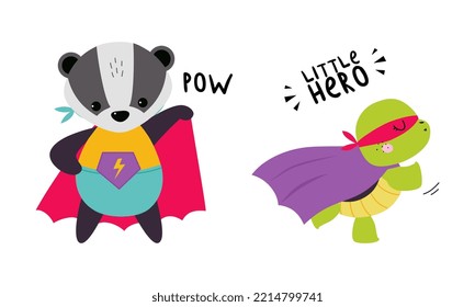 Superhero Baby Animals In Capes And Masks Set. Cute Little Badger And Turtle Dressed As Superheroes Cartoon Vector Illustration