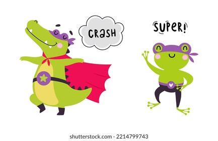 Superhero baby animals in capes and masks set. Cute little crocodile and frog dressed as superheroes cartoon vector illustration