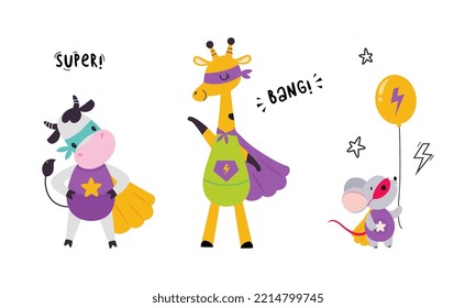 Superhero baby animals in capes and masks set. Cute little cow, giraffe, mouse dressed as superheroes cartoon vector illustration