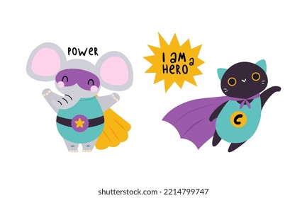 Superhero Baby Animals In Capes And Masks Set. Cute Little Elephant And Cat Dressed As Superheroes Cartoon Vector Illustration