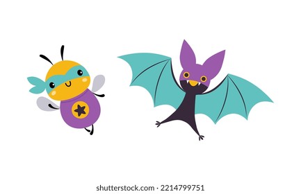 Superheld-Babytiere in Kaps und Masken-Set. Cute kleine Honigbiene und Fledermaus, gekleidet als Superhelden-Cartoon, Vektorgrafik