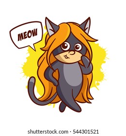 Superhero Baby Girl Cat Sticker Vector Illustration