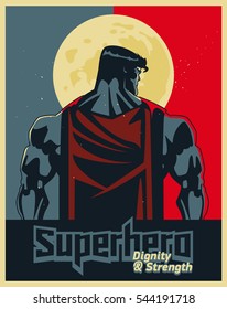 Super-herói de volta ao luar. Poster gráfico azul e vermelho. Ilustração