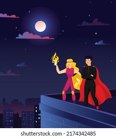 Superhero Background. Comic City With Woman And Man Superhero Silhouettes, Night Couple From Comicbook In Costumes. Strong People In Capes And Masks, Square Card Vector Cartoon Illustration