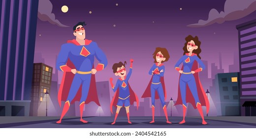 Superhero background. Family heroes with big power save the world exact vector cartoon illustration