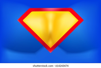 Superhero Background. Super Hero Logo Template. Form Of A Man Inflated Chest With Super Abilities. Yellow Red Shield On A Blue Background. Vector Illustration.