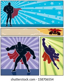 Superhero Banners: Set of 4 superhero banners. No transparency and gradients used.