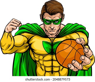 A superhero basketball sports mascot holding a ball