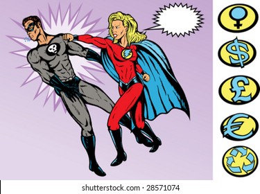 Superhero battle. Both are fully drawn on separate layers, and can be moved. Hero and Villains Crest can be removed.