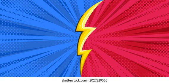 Superhero battle halftoned background with a flash. Versus lightning design. Vector illustration backdrop