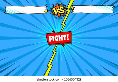 Superhero battle intro, comic book versus template background, halftone print texture