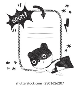 Superhero Bear Animal Hand Drawn Doodle style. Black ink on white background.