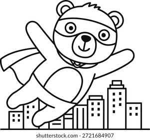 Dibujo para colorear de un oso superhéroe con un lindo oso volador que se eleva sobre el horizonte de la ciudad en una simple línea de arte en blanco y negro Perfecto para libros para colorear para niños, hojas de trabajo preescolares, actividades de aprendizaje creativo y proyectos de manualidades imprimibles.
