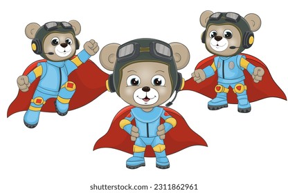 Superhero bear vector illustration. Cartoon style hero bear character. Nursery animals, Perfect illustration for t-shirt wear, print design, greeting card, baby shower, party invitation