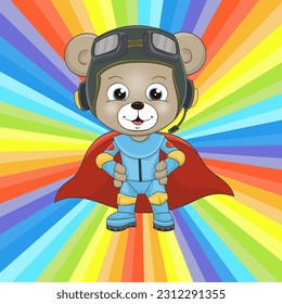 Superhero bear vector illustration. Cartoon style hero bear character. Nursery animal, Perfect illustration for t-shirt wear, print design, greeting card, baby shower, party invitation