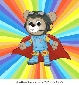 Superhero bear vector illustration. Cartoon style hero bear character. Nursery animal, Perfect illustration for t-shirt wear, print design, greeting card, baby shower, party invitation