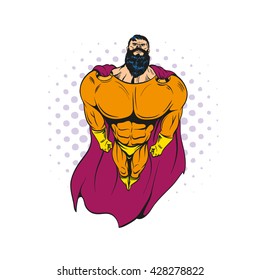 Superhero bearded hipster flying. Hand drawn vector illustration