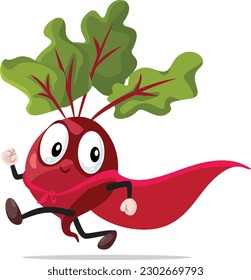 
La remolacha de superhéroes que corre con el personaje de dibujos animados del vector de energía. Alegre ejercicio súper alimentario con ilustración de concepto energético 
