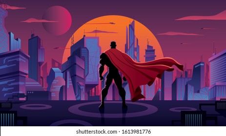 Superhero with big red cape watching over futuristic city at sunset.